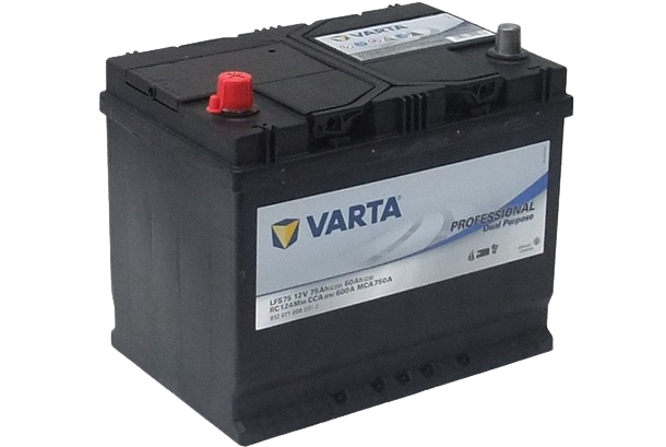 Batteri fra mærket VARTA til spændingsgiver med rødt pluspol og gråt minuspol. Batteriet har etiketten "VARTA PROFESSIONAL Dual Purpose" og er designet til energiforsyning.