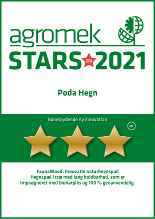 Agromek Stars 2021-pris til Poda Hegn for FaunaWood, et innovativt naturhegnspæl, imprægneret med bioharpiks og 100 % genanvendelig.