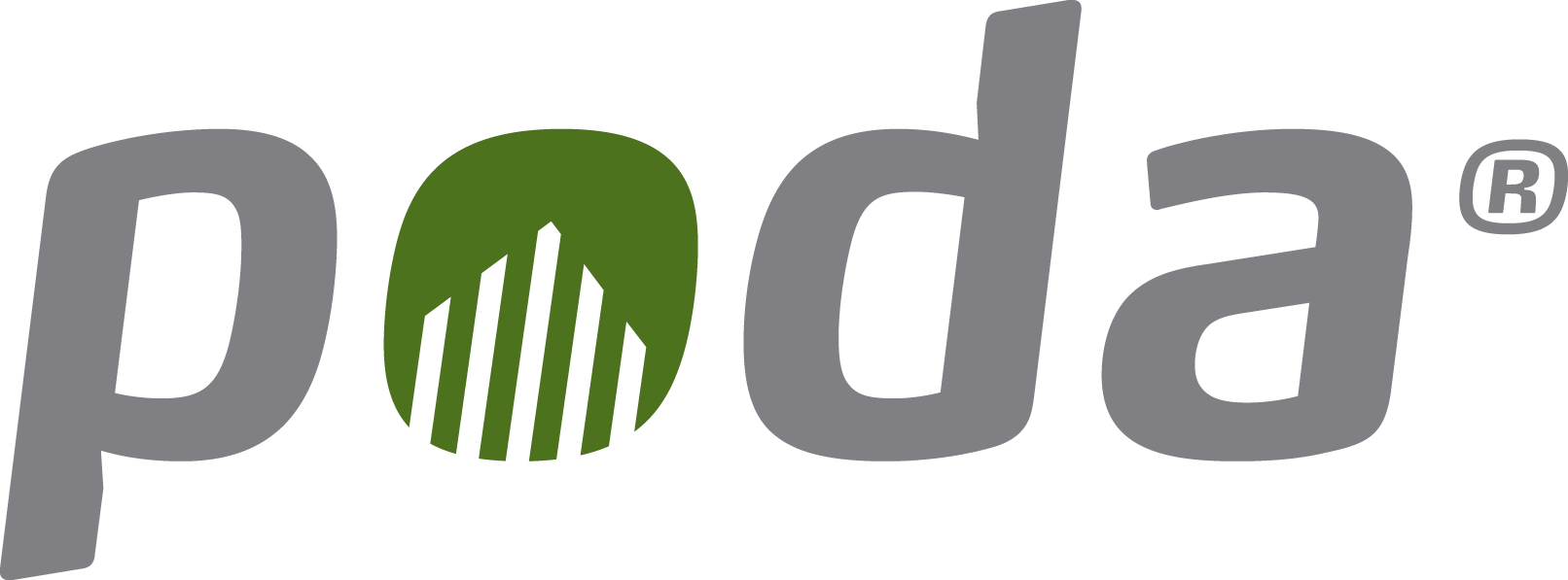 Poda-logo med grå bogstaver og et grønt element i 'o', der ligner et hegn.