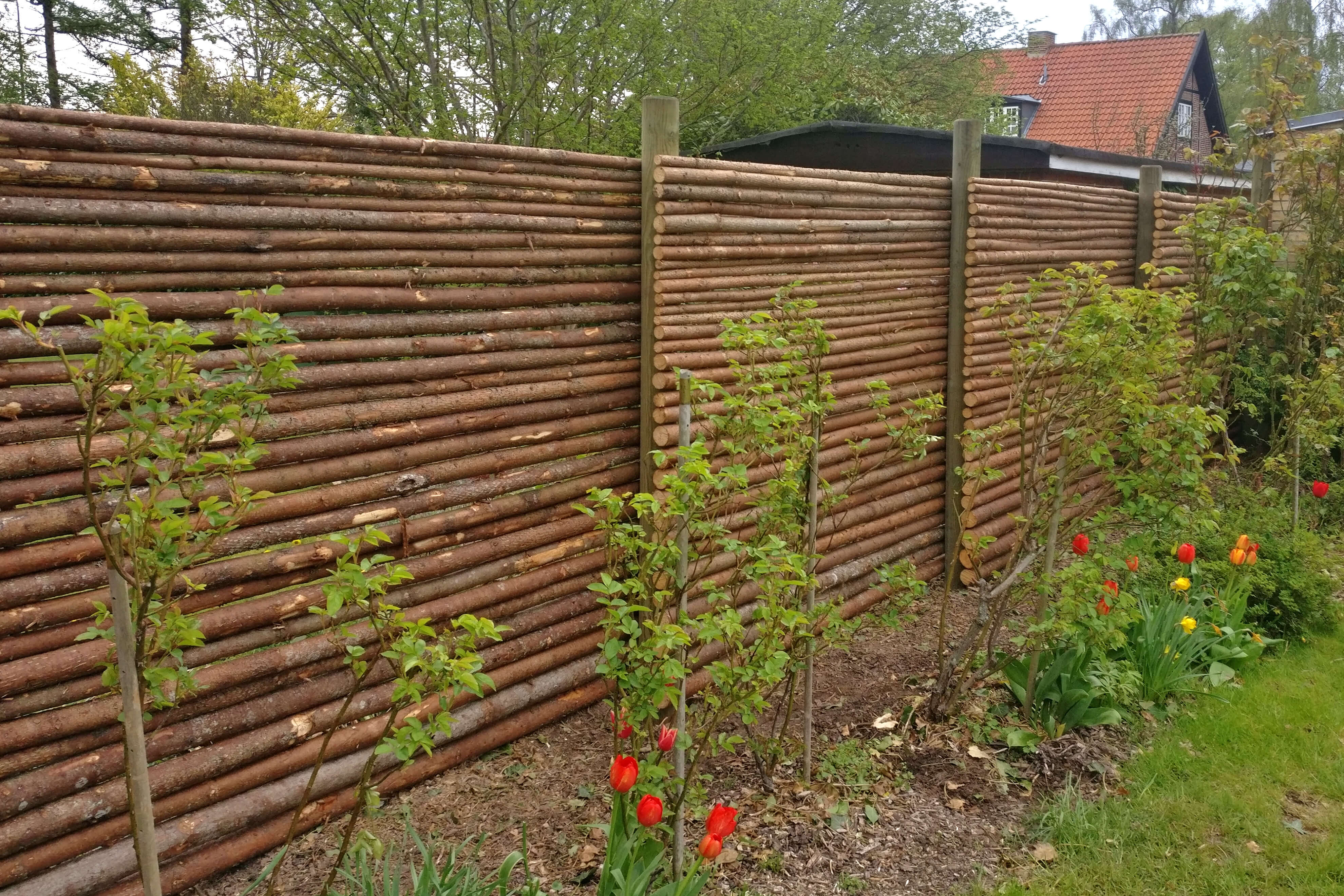 Op af et raftehegn med bark er der plantet nogle smukke planter