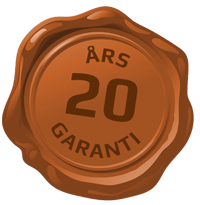 Brunt vokssegl med teksten '20 års garanti'.