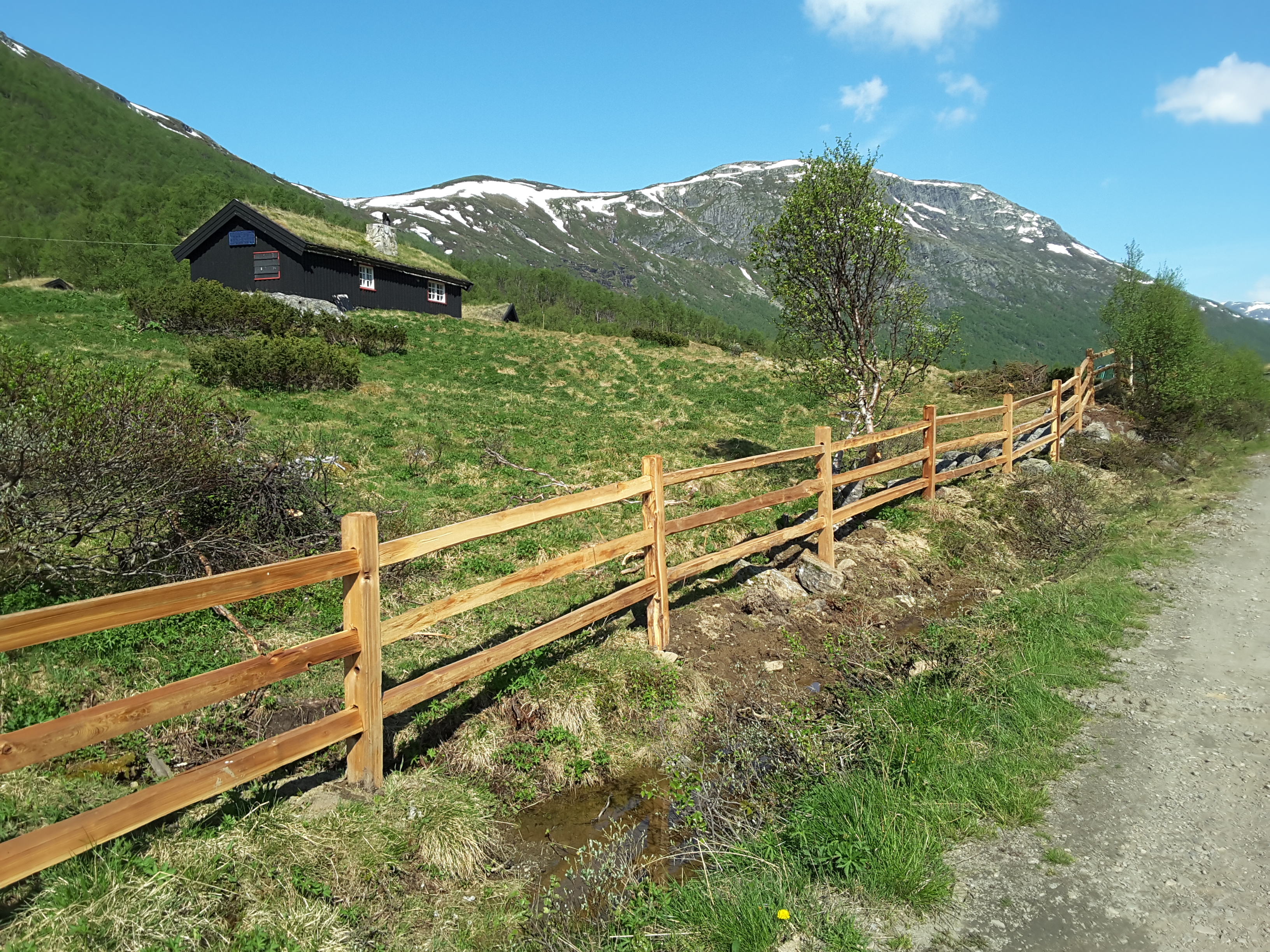 Et rustikt lægtehegn i cedertræ afgrænser en naturgrund med en hytte i et bjergrigt område.