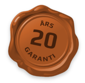 Brunt vokssegl med teksten '20 års garanti'.